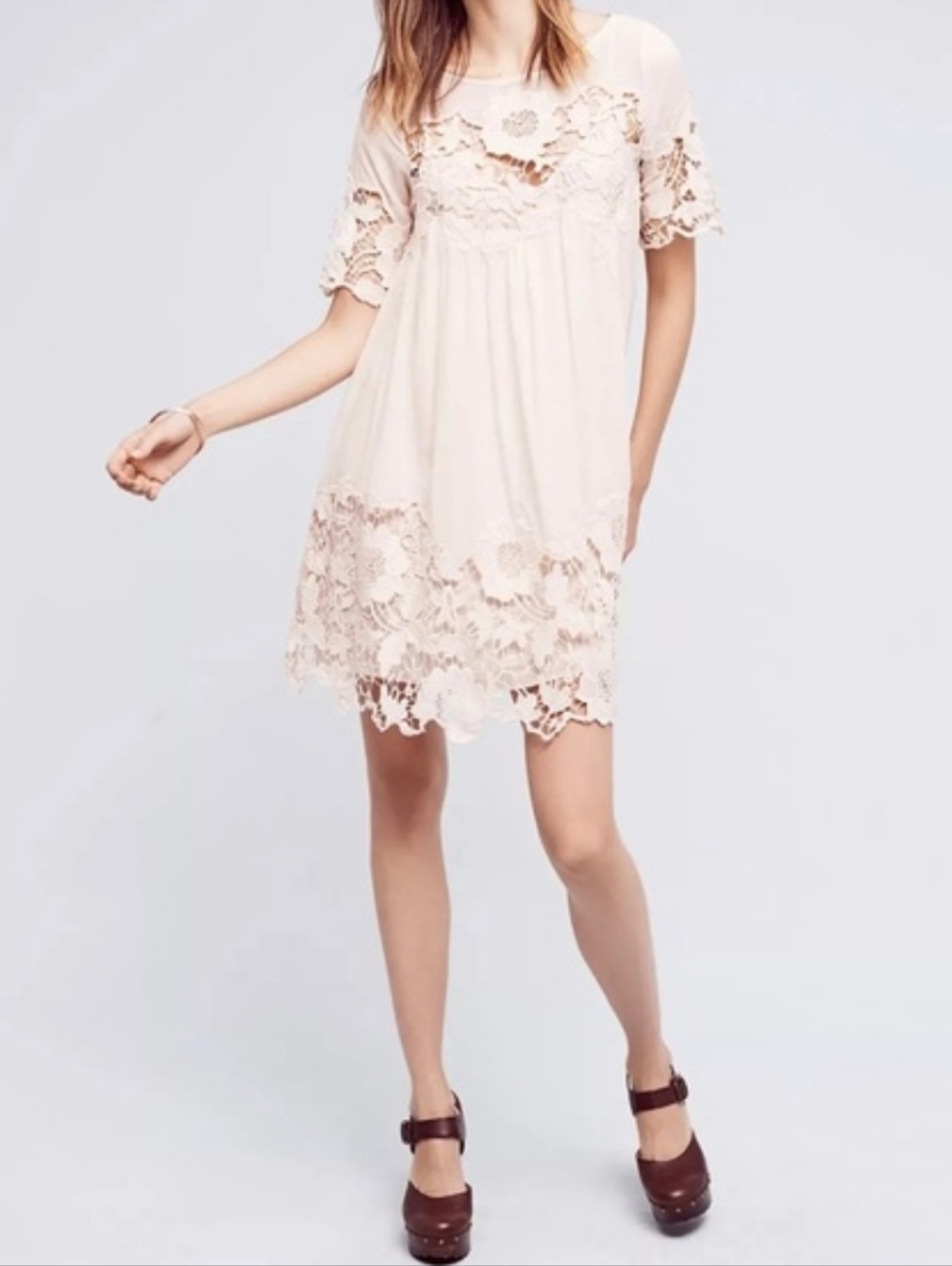 HOLDING HORSES Magnolia Blush Nude Lace-Trim Mini Dress Size 2 Anthropologie